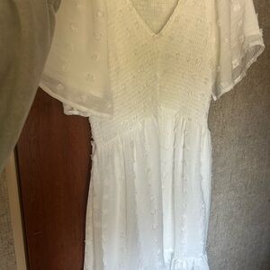 White Textured V-Neck Midi Dress